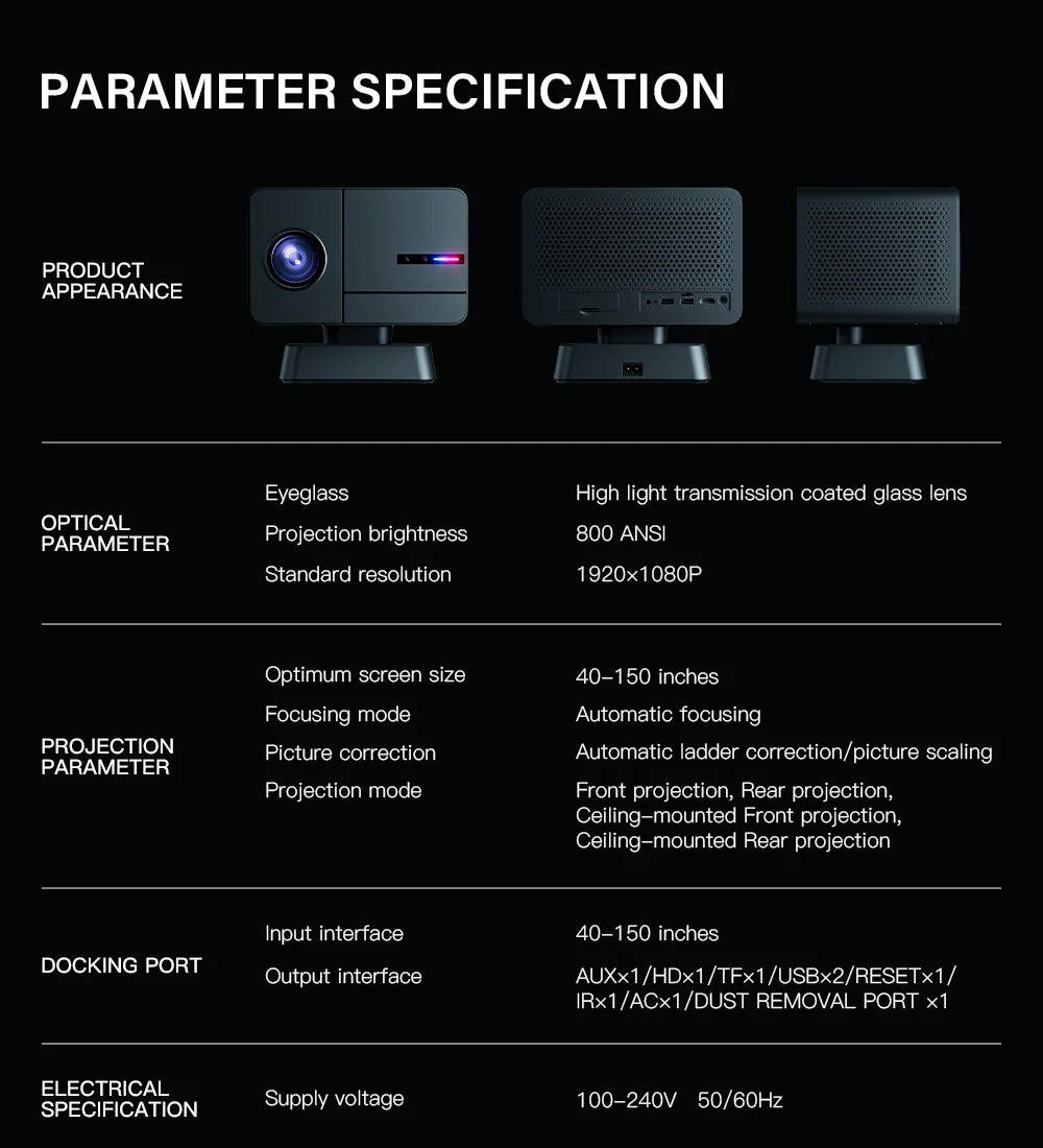 P50 Smart Mini Projector | Android 11 | 4K Input | Full HD 1080P | Wi-Fi & Bluetooth | Portable Electric Focus Projector