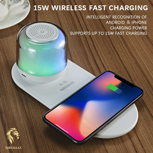 Koolmaax 3-in-1 Wireless Charger | LED Night Lamp & Bluetooth Speaker | 15W Fast Charging